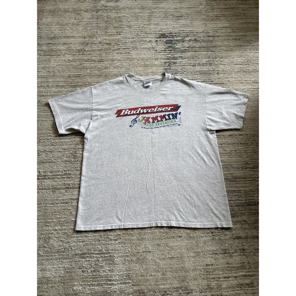Hanes T-Shirt Men Light Gray SzXL BUDWEISER Jammin For Education(1999)VTG HeavyW